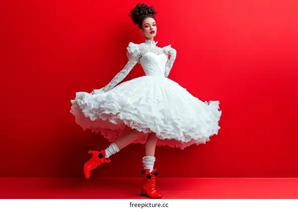 Fashionable Woman in White Lace Dress with Red Shoes