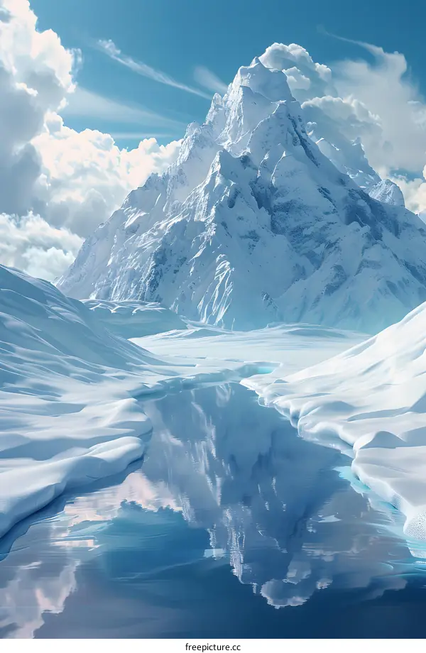 The snow-capped mountains are reflected in the lake