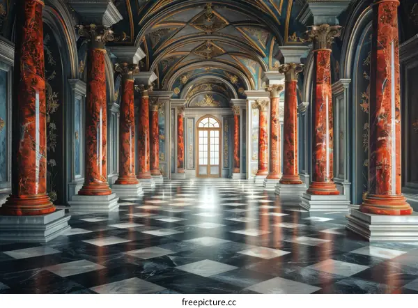 Opulent Hallway with Red Marble Columns and Coffered Ceiling