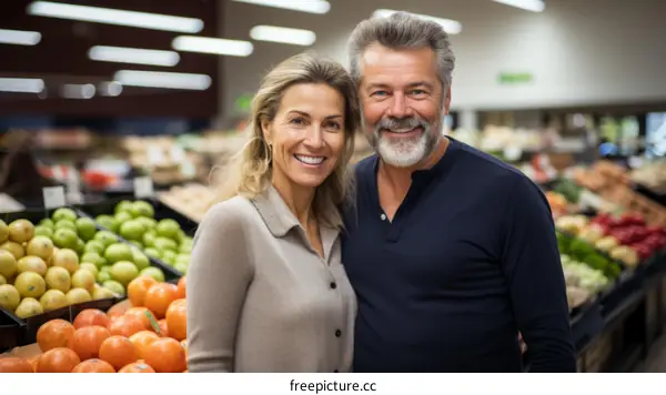 Happy couple shopping for fresh fruits and vegetables in a grocery store