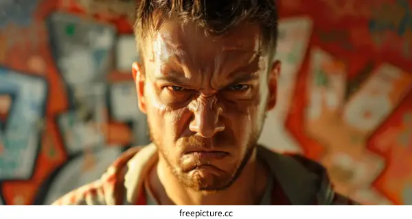 Close-up Angry Caucasian Male Portrait Against Graffiti Wall