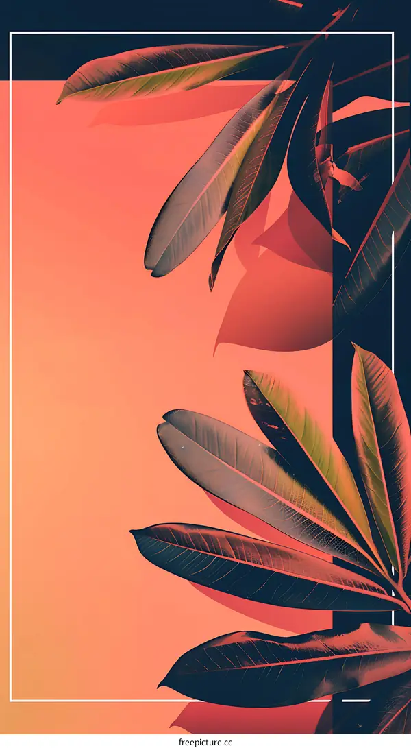 Tropical Leaves on Orange Background with White Frame