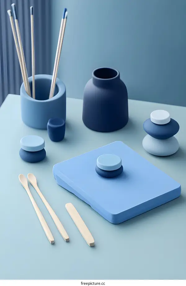 Blue and White Minimalist Still Life with Wooden Sticks