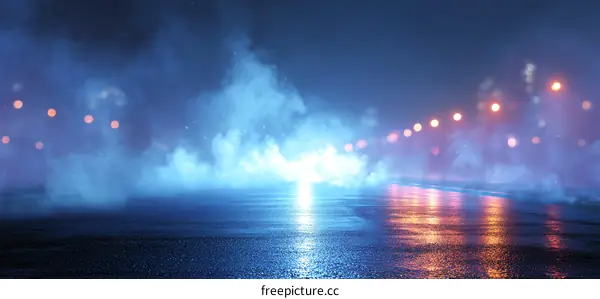 Night Foggy Wet Road Light Reflection