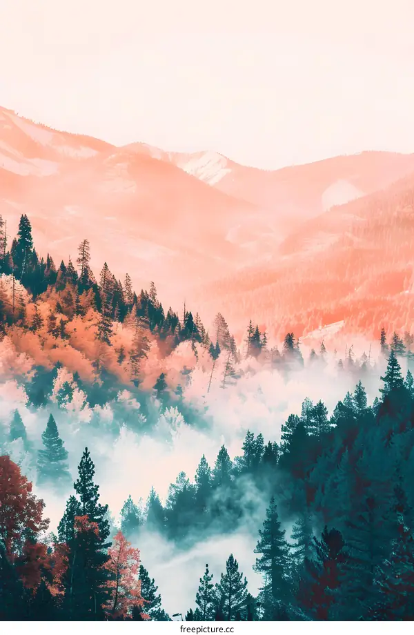 Misty Forest Landscape with Mountains and Trees