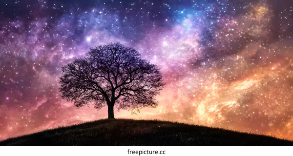 Silhouette of a Tree Against a Starry Night Sky