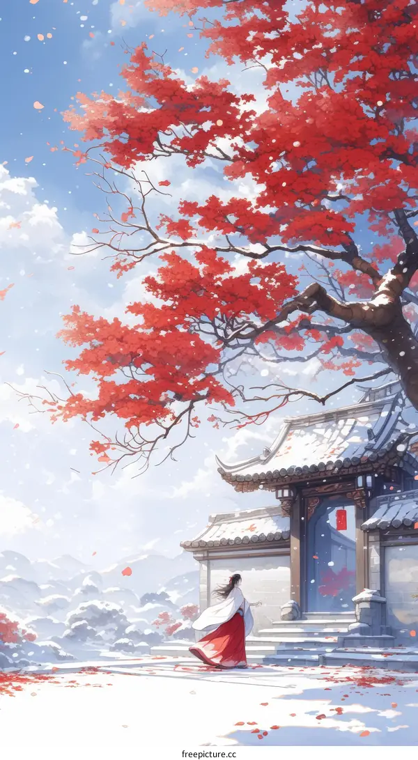 Courtyard with Red Leaves and Snow