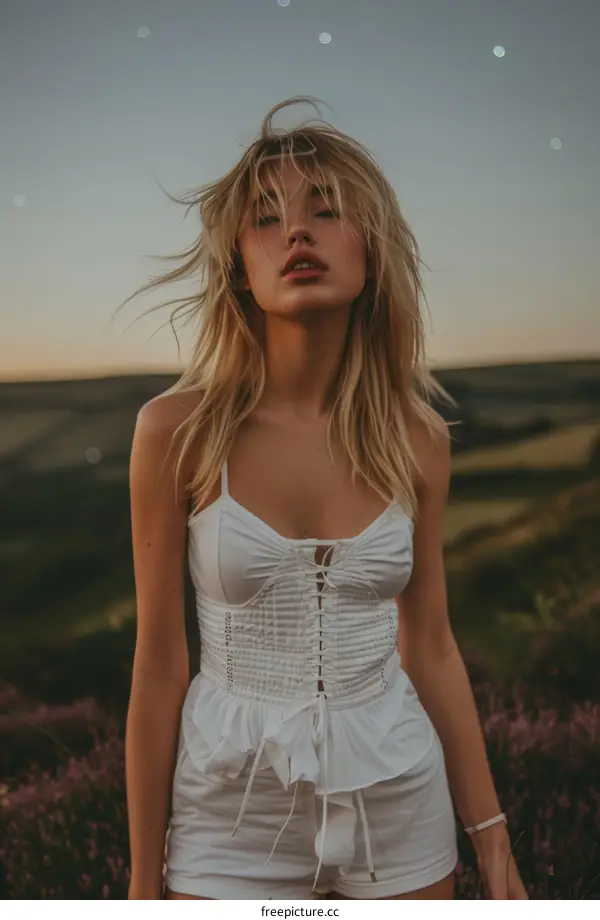 Portrait of a Blonde Woman in a White Dress Standing in a Field of Lavender