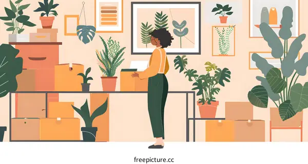 Woman Packing Boxes With Plants Around