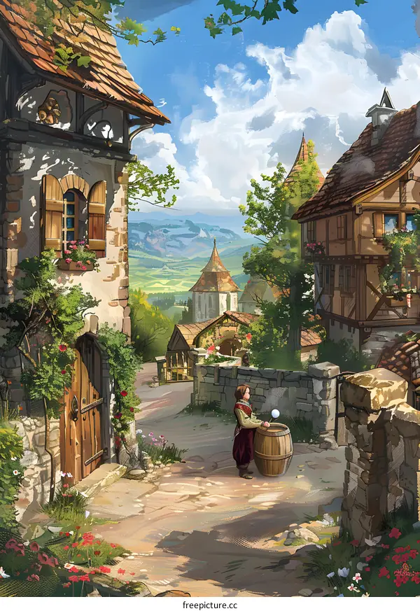 A Little Girl Playing with a Ball in a Medieval Village