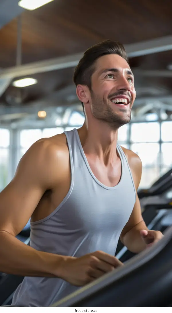 Determined Man Running on Treadmill in Gym