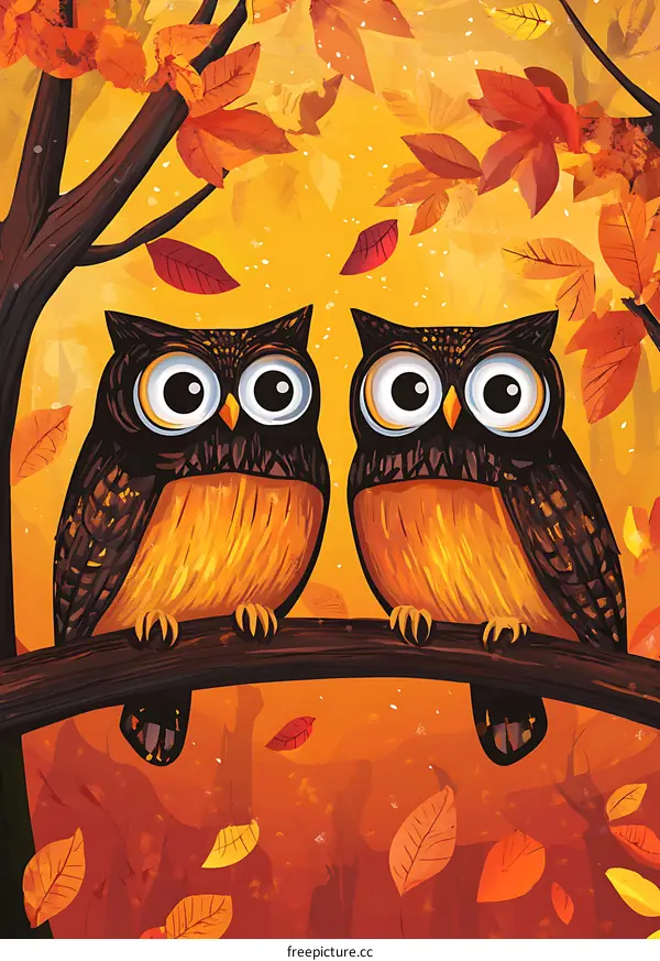 Two Owls Sitting on a Branch in Autumn