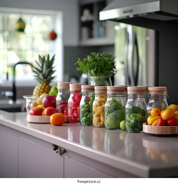 An assortment of fresh fruits and vegetables on a kitchen counter