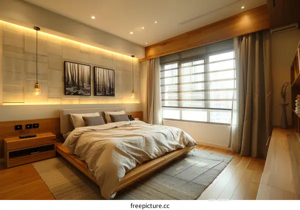 Modern bedroom with wooden platform bed and art deco