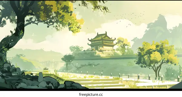 Traditional Chinese Architecture in Green Landscape