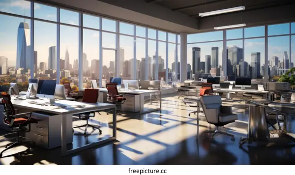 Modern office interior with large windows and a view of the city