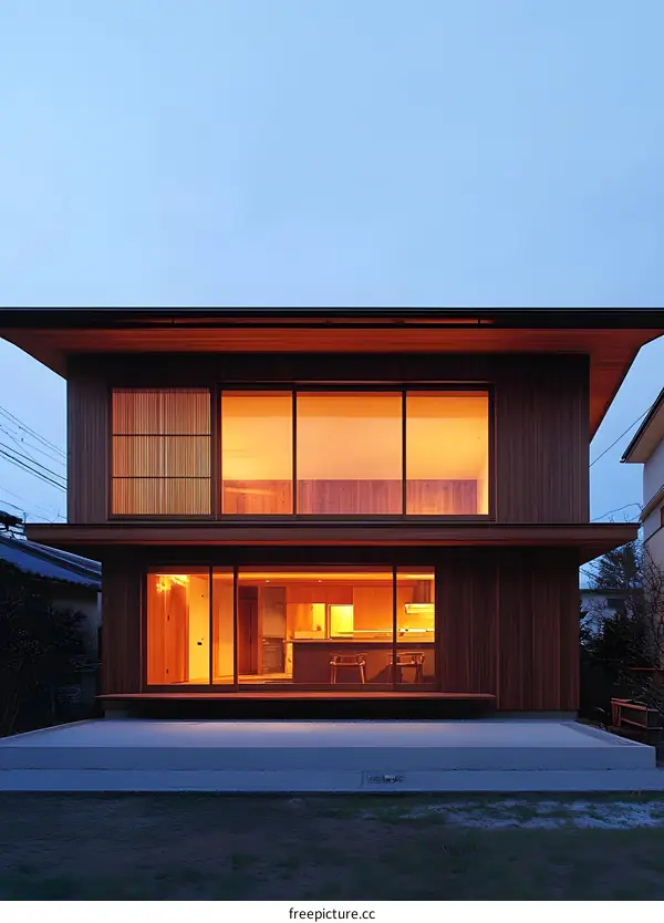 Modern Japanese Home with Warm Lighting in the Evening