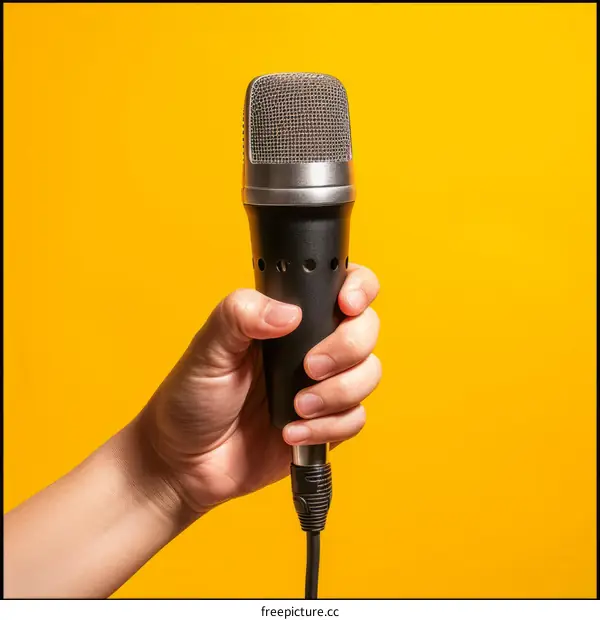 A hand holding a microphone against a yellow background