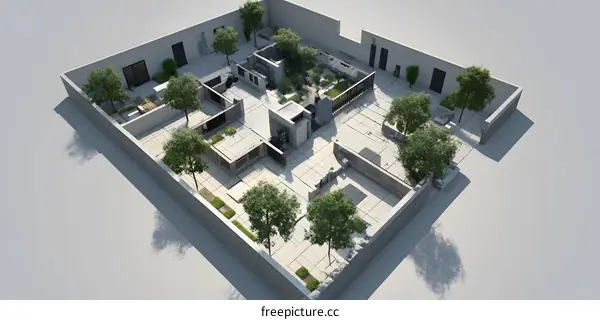 Aerial View of a Modern Courtyard with Greenery