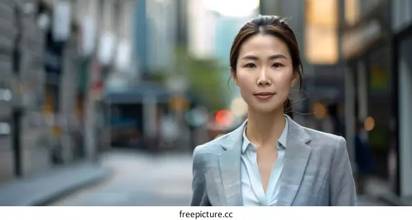 portrait of a young asian businesswoman in a suit standing in the street