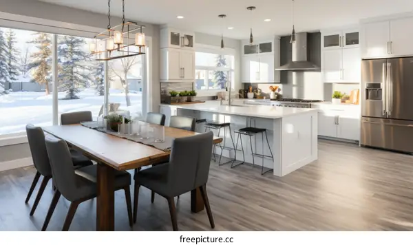 A kitchen with a large window looking out onto a snowy landscape