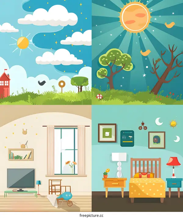 Cartoon Illustration of Four Scenes of Day and Night
