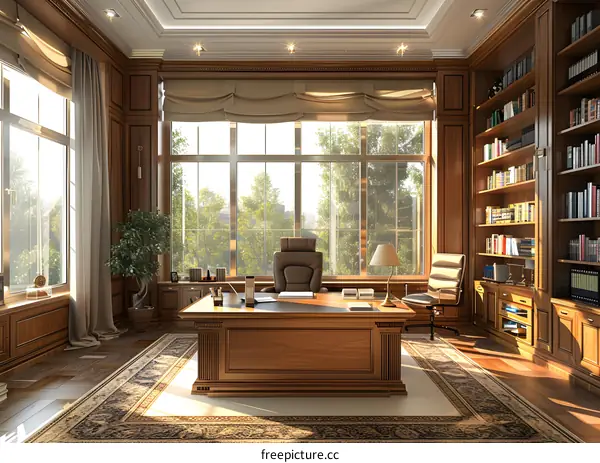 Luxurious home office with large windows and a wooden desk