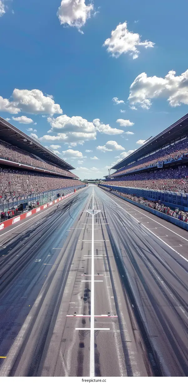 Empty race track with large grandstands on both sides