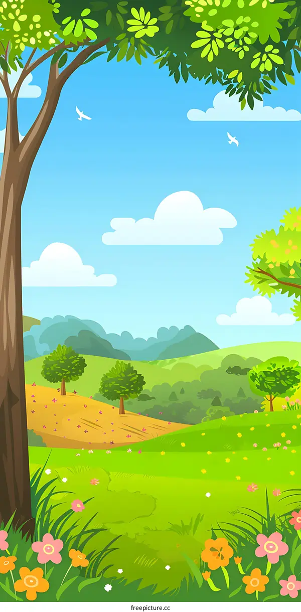 Beautiful Nature Illustration with Green Grass, Trees, and Blue Sky