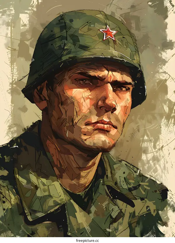 Portrait of a soldier wearing a green helmet with a red star