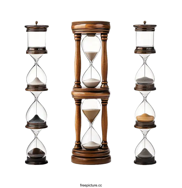 [Transparent Background PNG]Elegant Wooden Hourglasses Set in Various Stages of Time