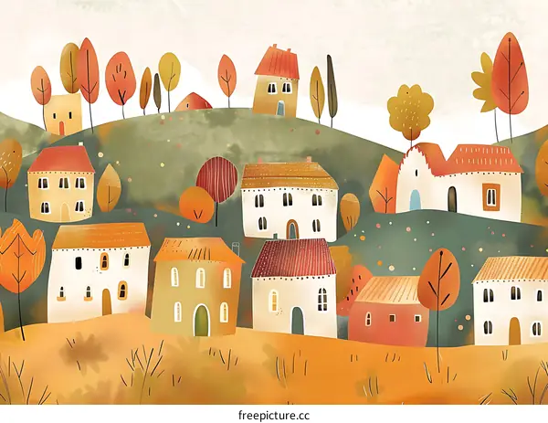 Autumn Village Landscape Illustration