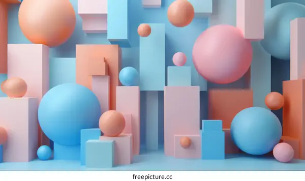3D rendering of geometric shapes with balls and blocks in pastel colors