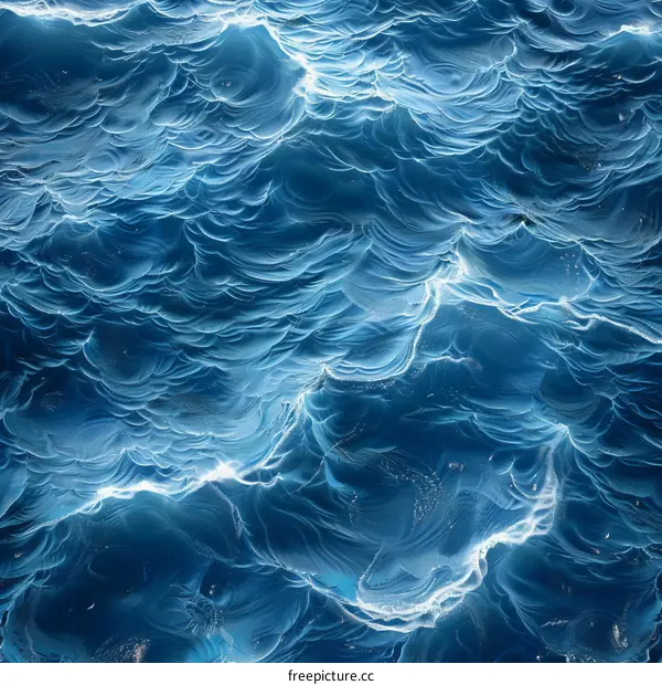 Rough Deep Blue Ocean Surface with White Foam and Breaking Waves
