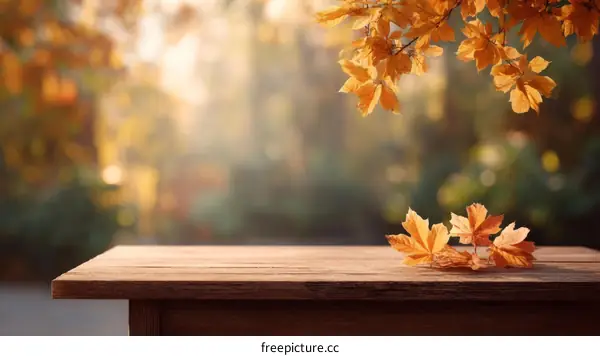 Autumn Leaves on Wooden Tabletop in Fall Forest Background