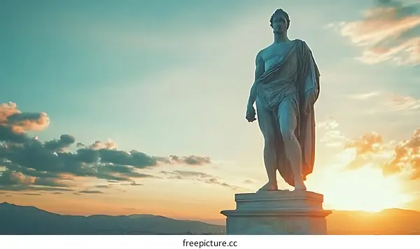 Statue of a Man on a Hilltop at Sunset