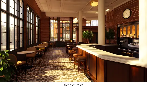 Modern Bar Interior Design With Brick Walls and Large Windows