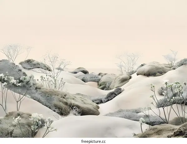 Minimalist Landscape With Green Moss and White Flowers