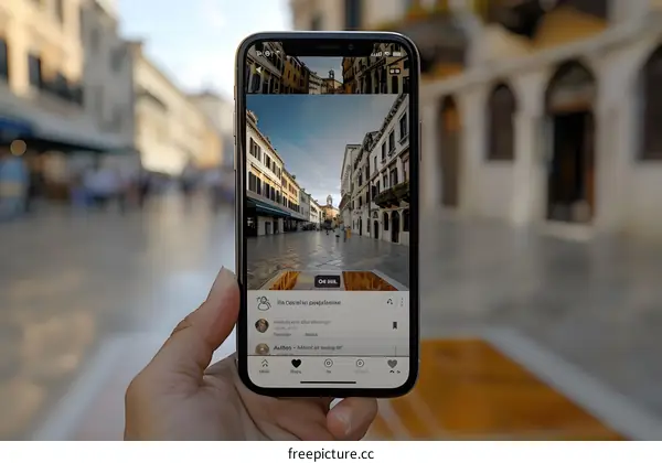 Hand Holding Phone Showing Photo of Venice Street