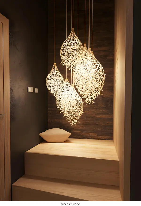 Modern Interior Design With Wooden Stairs and Hanging Light Fixtures