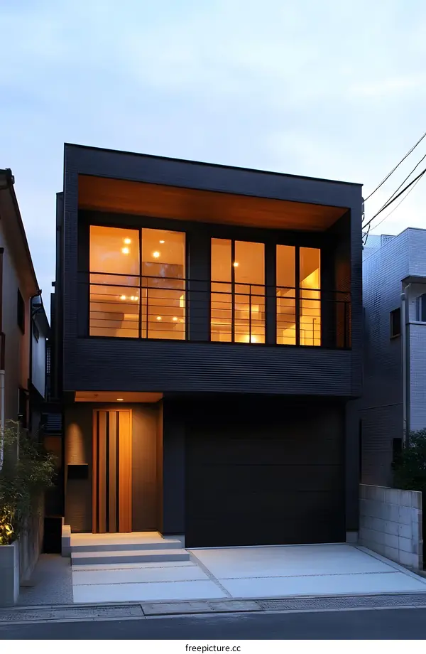 Modern Black House with Wooden Accents and Garage Door
