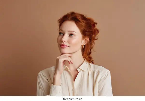 Thoughtful Woman in Cream Shirt