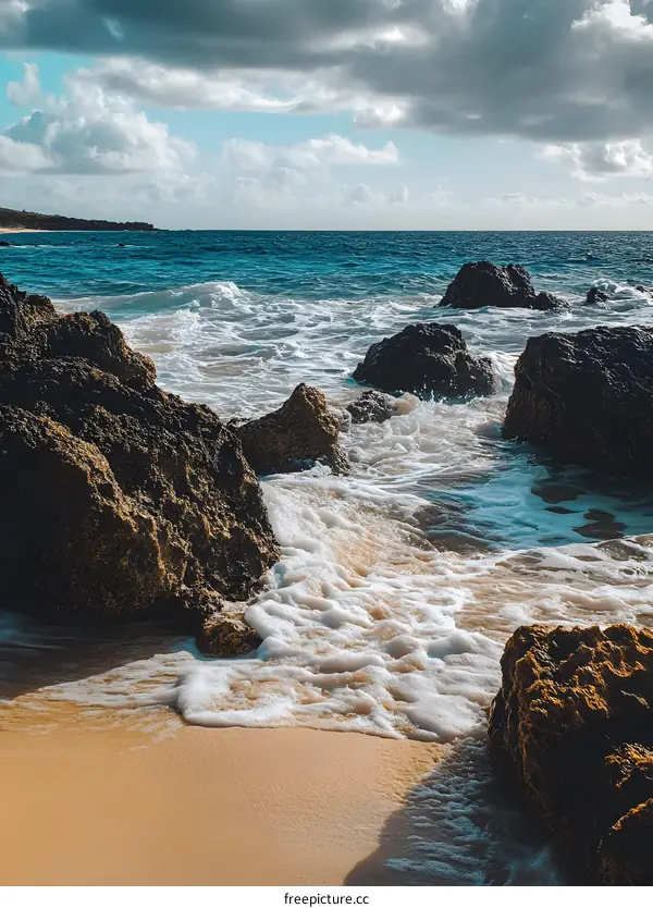 Beautiful Ocean Waves Crashing on Rocks and Sandy Beach