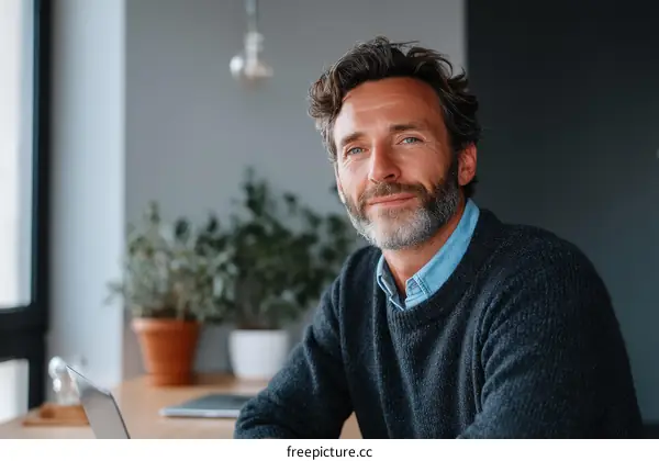 Caucasian Man Working on Laptop in Modern Office