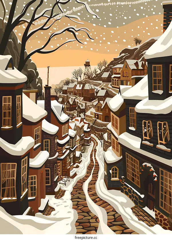 Snowy Village Street In Winter