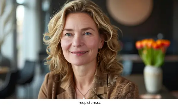 Portrait of a smiling middle-aged businesswoman with blond hair wearing a brown jacket standing in an office