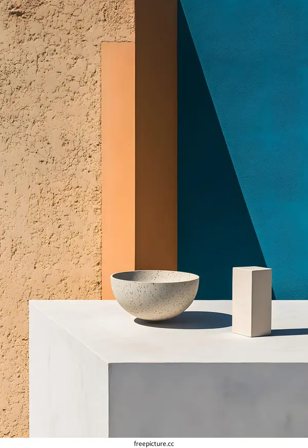 Modern Minimalist Still Life Photography with Bowl and Block on White Surface Against Blue and Orange Walls