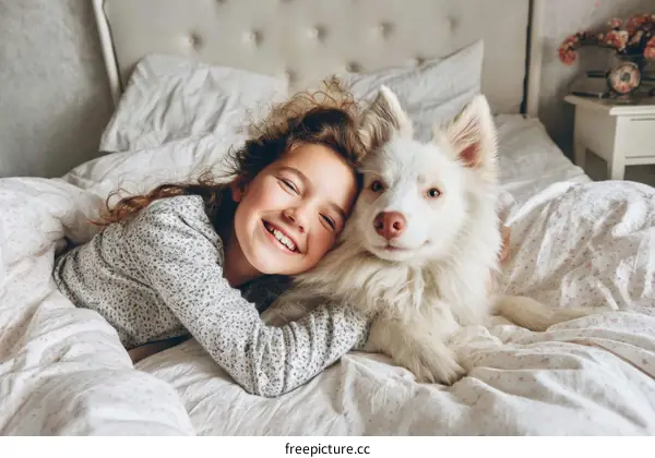 Girl and Dog Sleeping in Bed