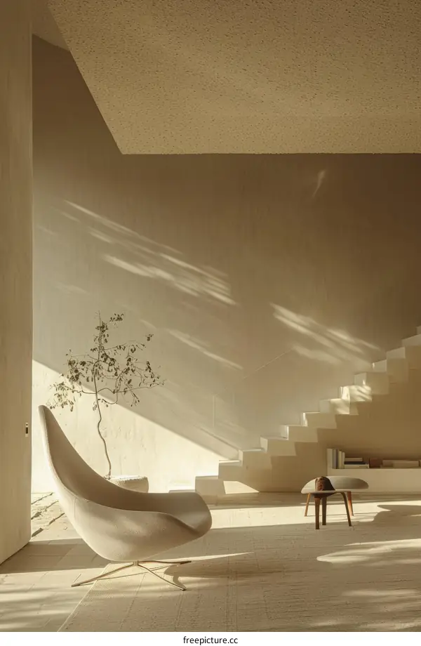 Stairway and a chair in a bright room with sunlight shining through a window