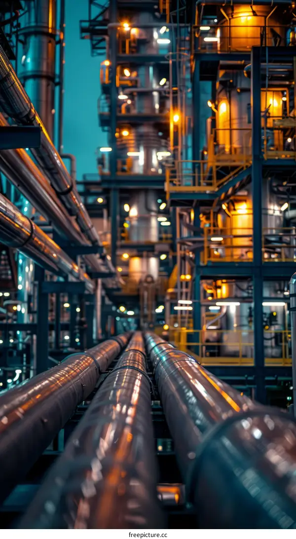 The intricate network of pipes and vessels in an industrial setting